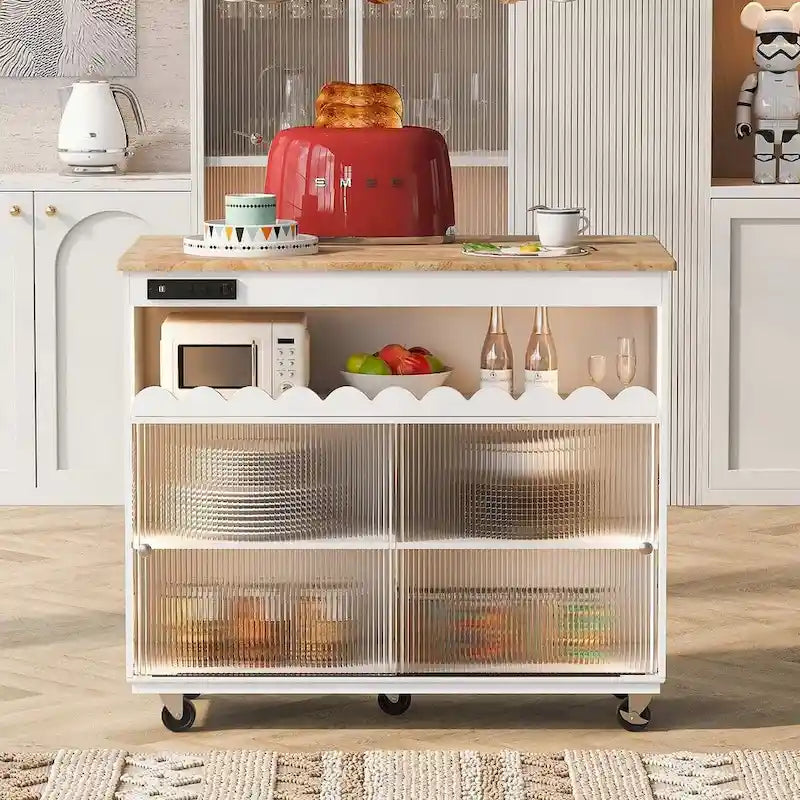 Dessertes de cuisine roulantes avec abattant, portes vitrées cannelées, éclairage LED et prises électriques
