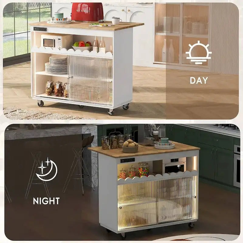 Dessertes de cuisine roulantes avec abattant, portes vitrées cannelées, éclairage LED et prises électriques