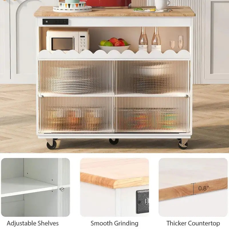 Dessertes de cuisine roulantes avec abattant, portes vitrées cannelées, éclairage LED et prises électriques