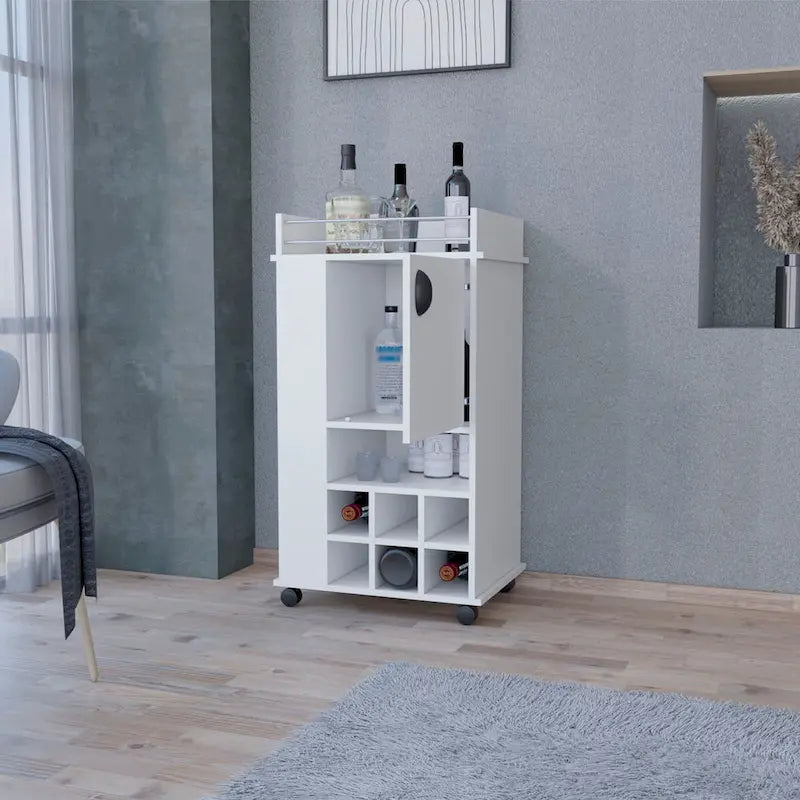 Chariot de bar roulant blanc avec porte-bouteilles à porte unique et étagères ouvertes