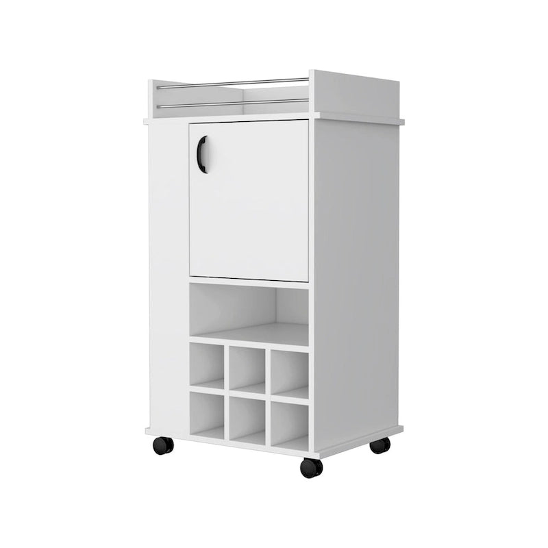 Chariot de bar roulant blanc avec porte-bouteilles à porte unique et étagères ouvertes