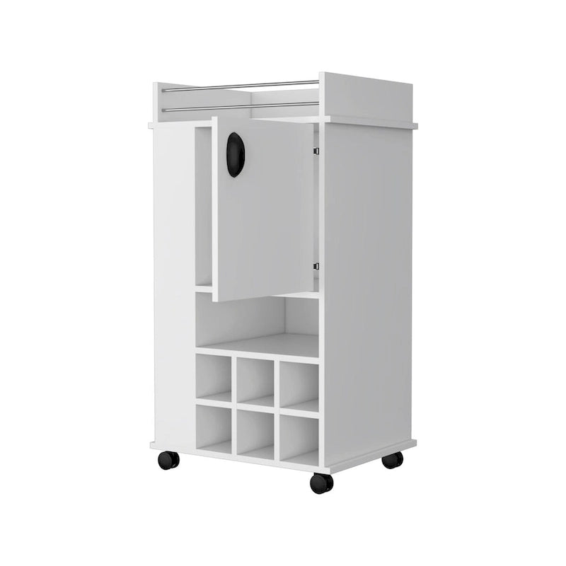 Chariot de bar roulant blanc avec porte-bouteilles à porte unique et étagères ouvertes