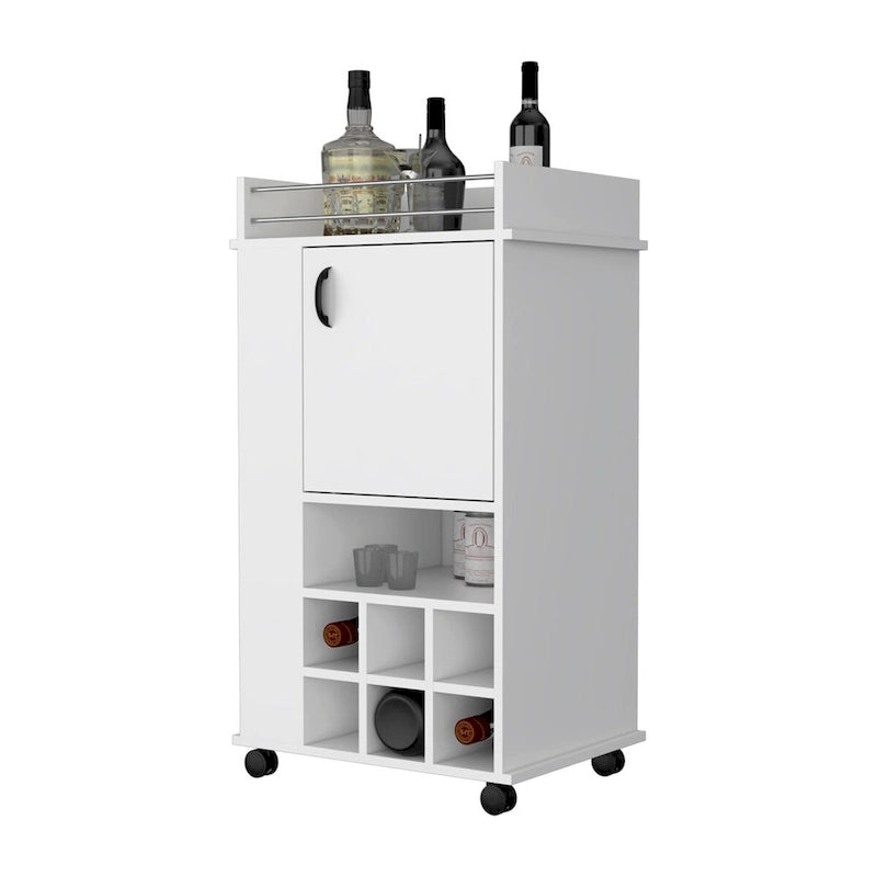 Chariot de bar roulant blanc avec porte-bouteilles à porte unique et étagères ouvertes