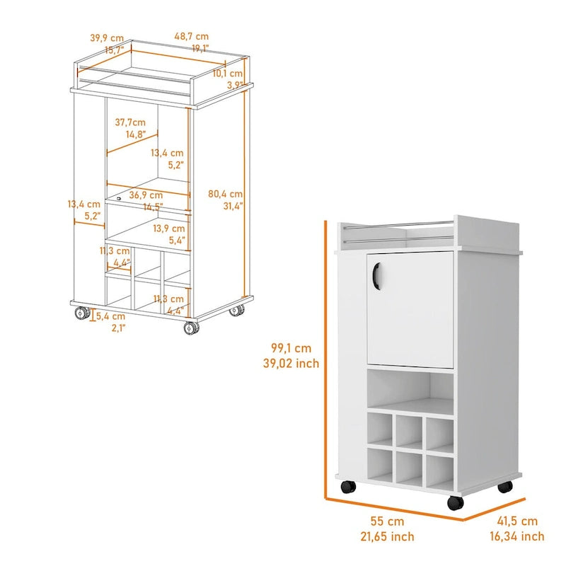 Chariot de bar roulant blanc avec porte-bouteilles à porte unique et étagères ouvertes