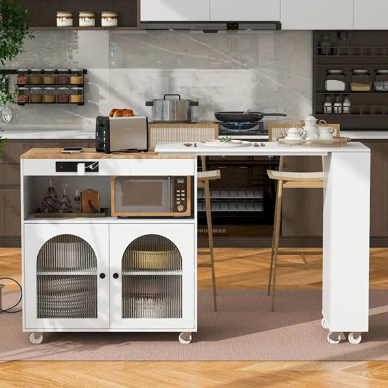 Desserte de cuisine roulante avec portes en verre cannelé et lumières LED