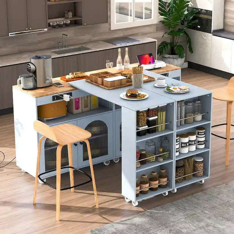 Desserte de cuisine roulante avec portes en verre cannelé et lumières LED
