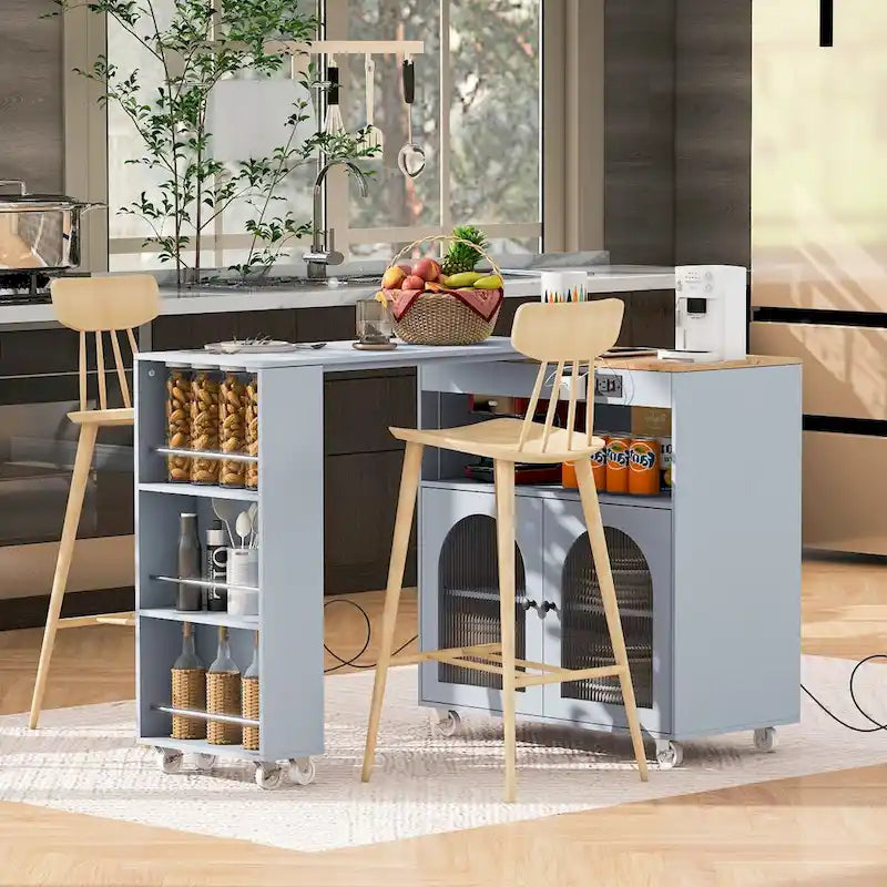 Desserte de cuisine roulante avec portes en verre cannelé et lumières LED