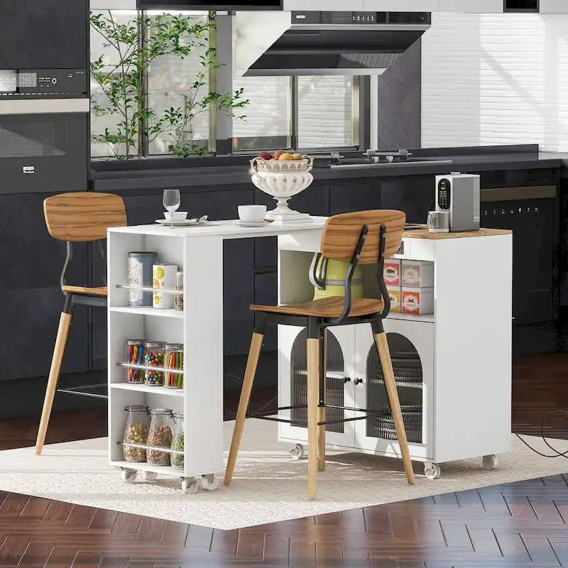 Desserte de cuisine roulante avec portes en verre cannelé et lumières LED