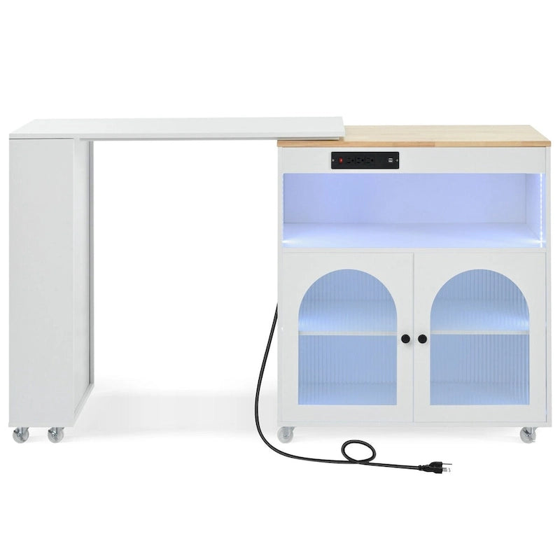 Desserte de cuisine roulante avec portes en verre cannelé et lumières LED