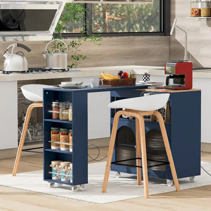 Desserte de cuisine roulante avec portes en verre cannelé et lumières LED