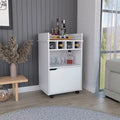 Chariot de bar roulant blanc avec étagères ouvertes, casiers à vin et armoire