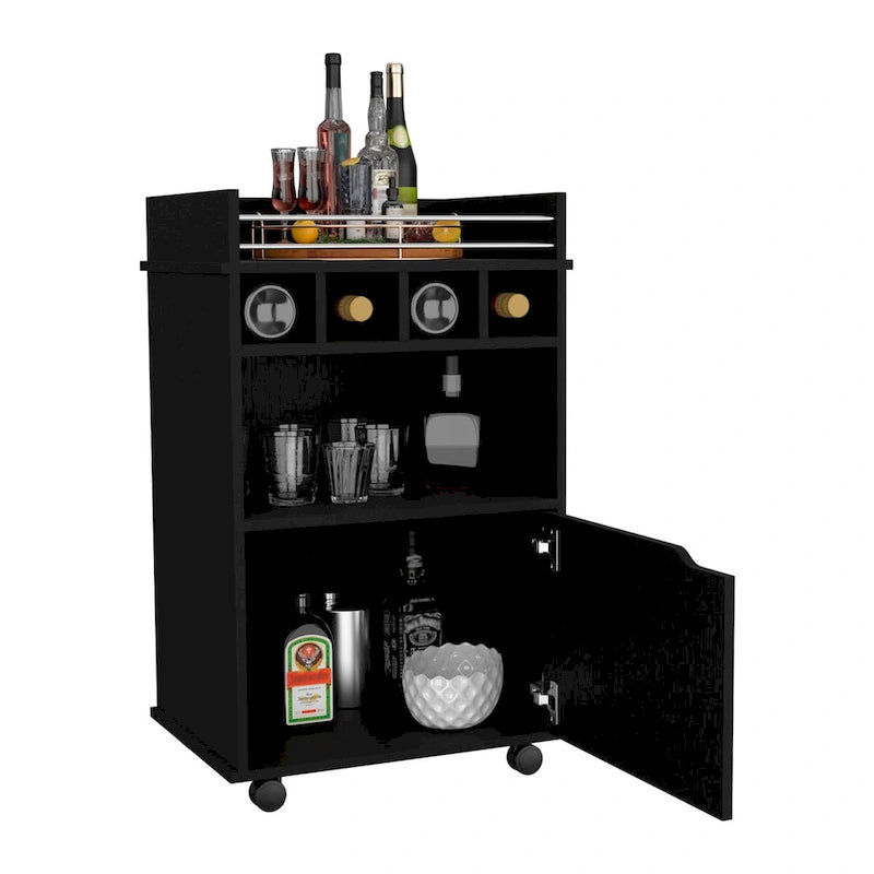 Chariot de bar roulant blanc avec étagères ouvertes, casiers à vin et armoire