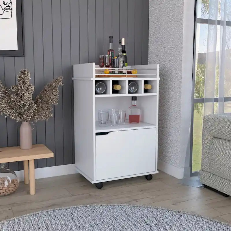 Chariot de bar roulant blanc avec étagères ouvertes, casiers à vin et armoire