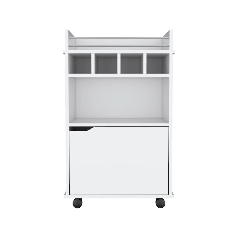 Chariot de bar roulant blanc avec étagères ouvertes, casiers à vin et armoire