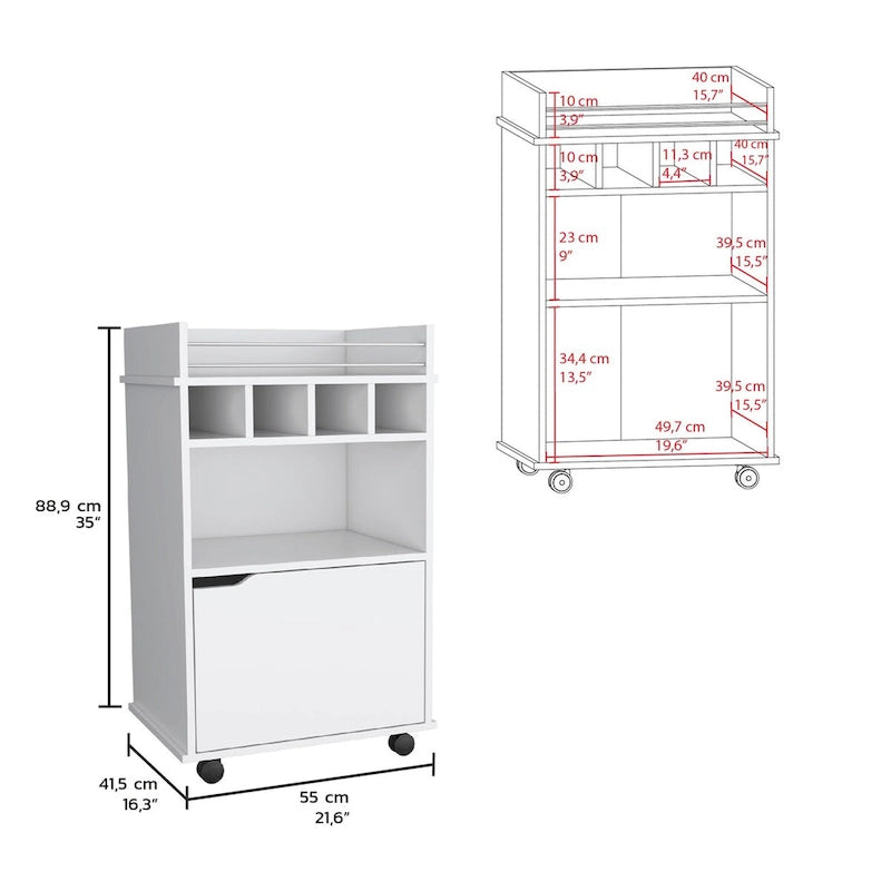 Chariot de bar roulant blanc avec étagères ouvertes, casiers à vin et armoire
