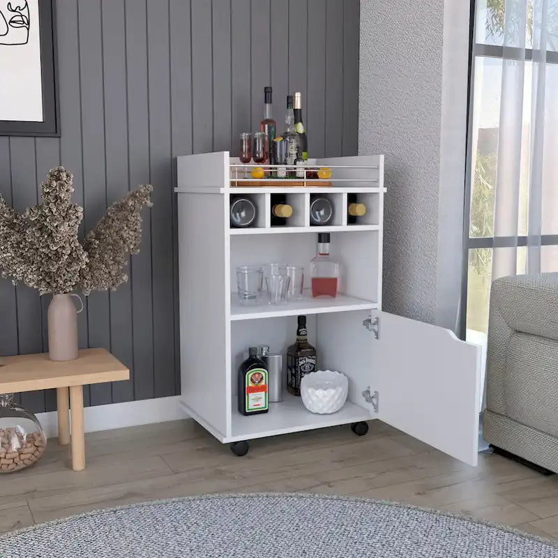 Chariot de bar roulant blanc avec étagères ouvertes, casiers à vin et armoire