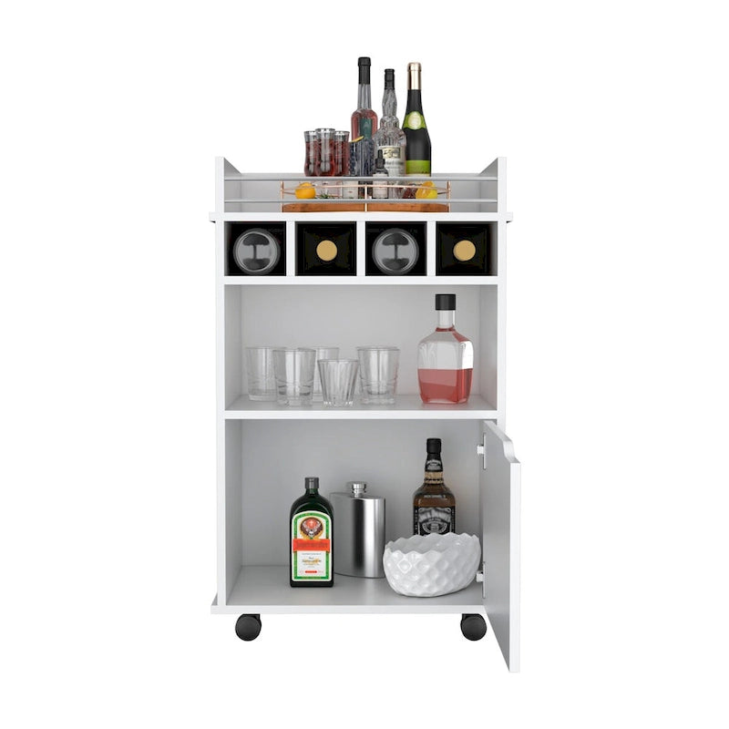 Chariot de bar roulant blanc avec étagères ouvertes, casiers à vin et armoire
