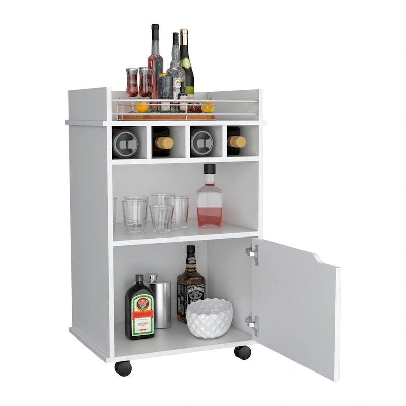 Chariot de bar roulant blanc avec étagères ouvertes, casiers à vin et armoire