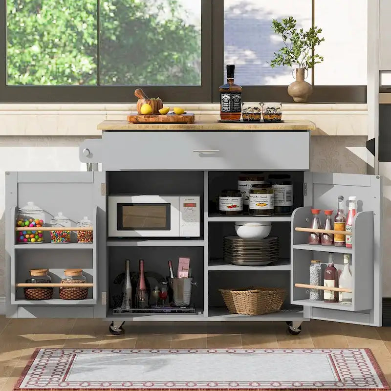 Desserte de cuisine roulante avec plateau rabattable en bois d'hévéa et rangement