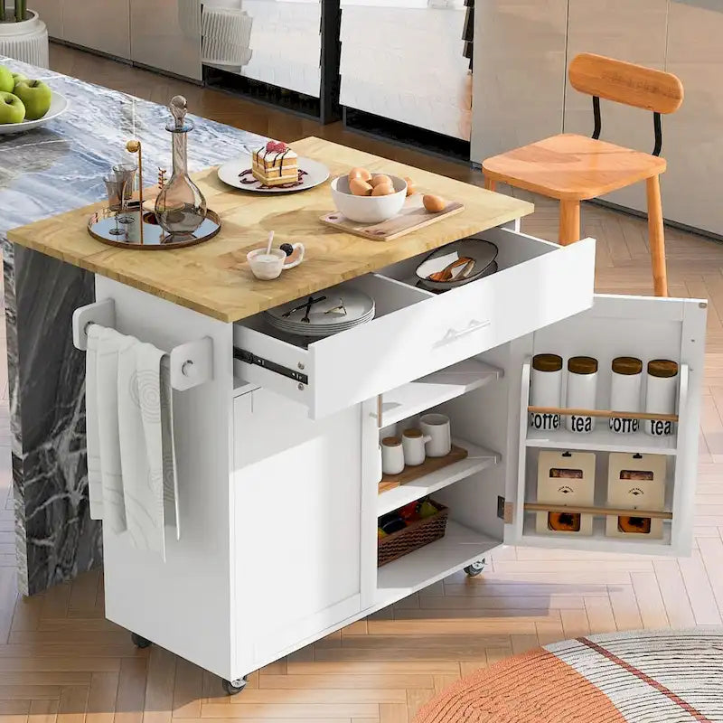 Desserte de cuisine roulante avec plateau rabattable en bois d'hévéa et rangement