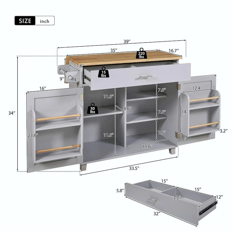 Desserte de cuisine roulante avec plateau rabattable en bois d'hévéa et rangement