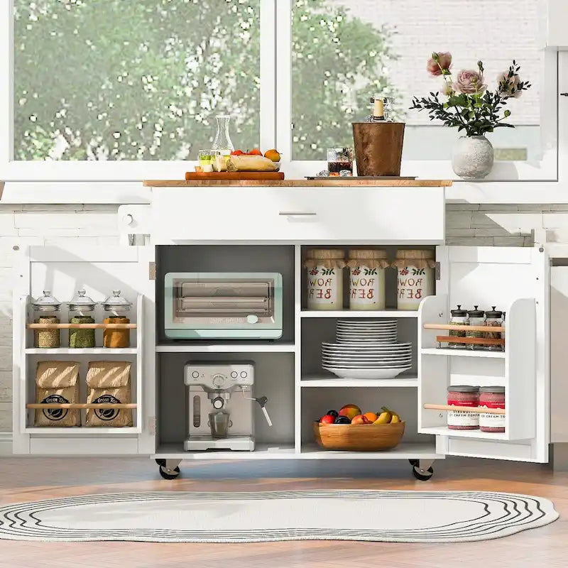 Desserte de cuisine roulante avec plateau rabattable en bois d'hévéa et rangement
