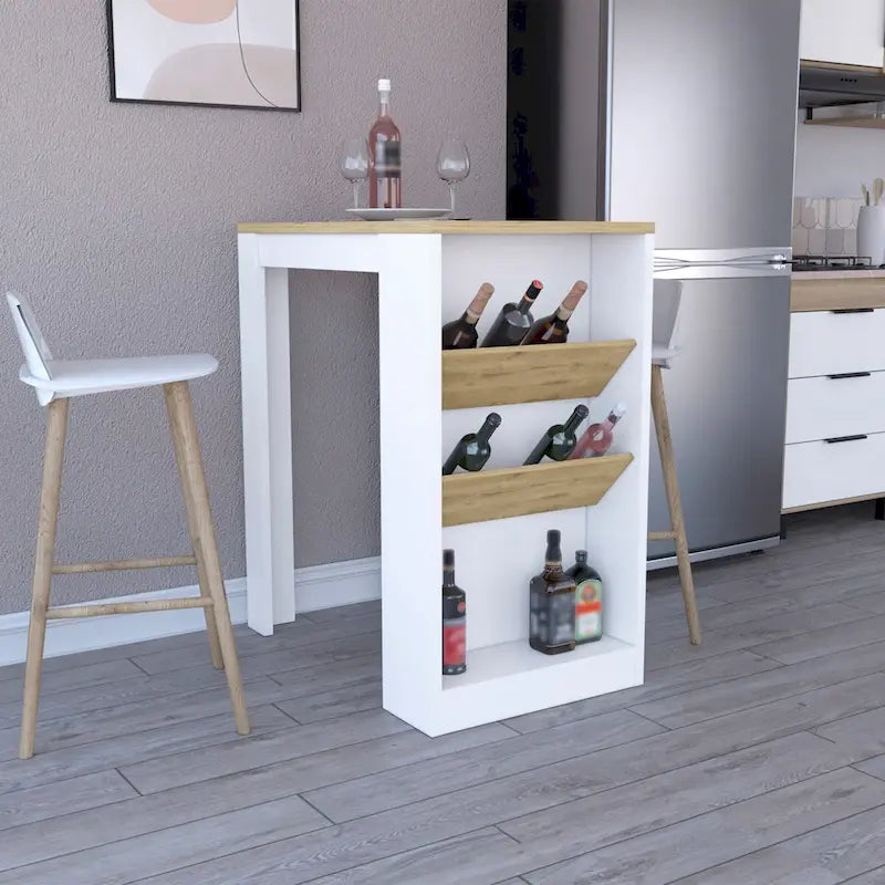 Îlot de cuisine avec trois étagères de rangement, finition crème et blanche