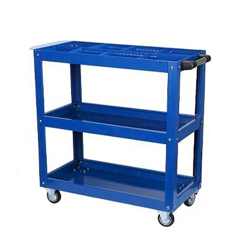Chariot de rangement à outils roulant en acier robuste à 3 étagères avec roulettes pivotantes verrouillables bleu