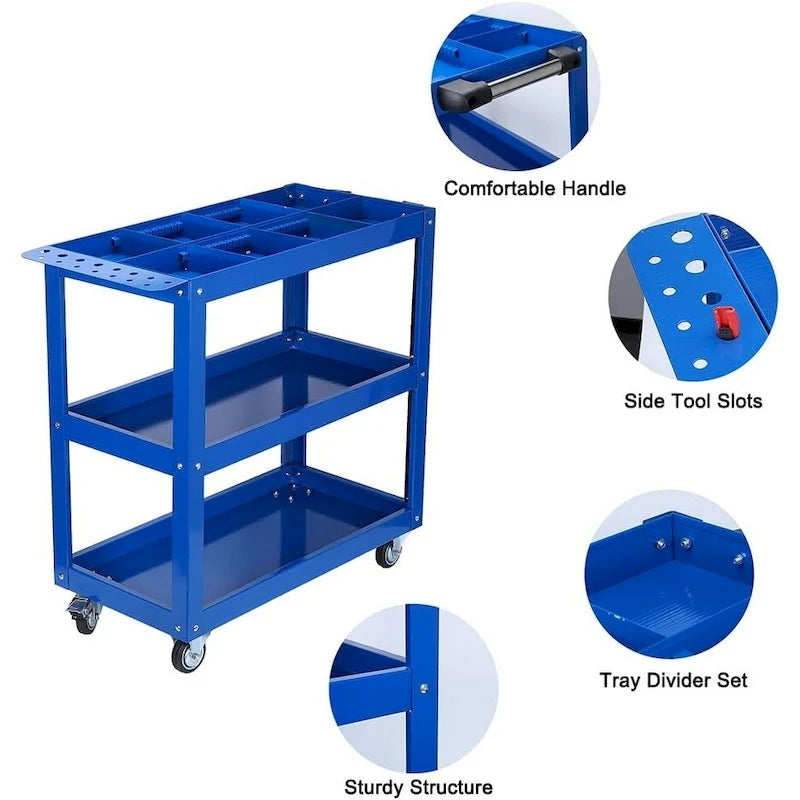 Chariot de rangement à outils roulant en acier robuste à 3 étagères avec roulettes pivotantes verrouillables bleu