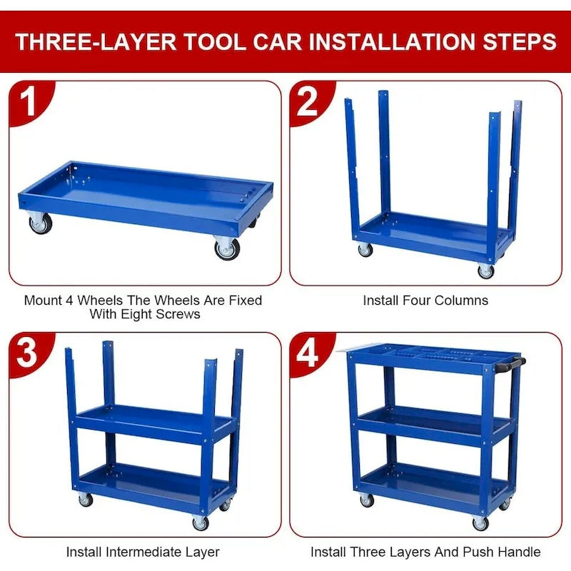 Chariot de rangement à outils roulant en acier robuste à 3 étagères avec roulettes pivotantes verrouillables bleu