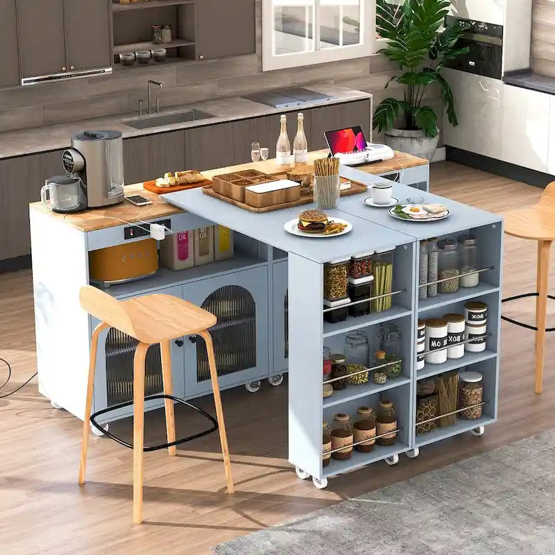 Îlot de cuisine roulant avec plateau en hévéa, portes en verre cannelé, lumières LED, prises électriques, blanc