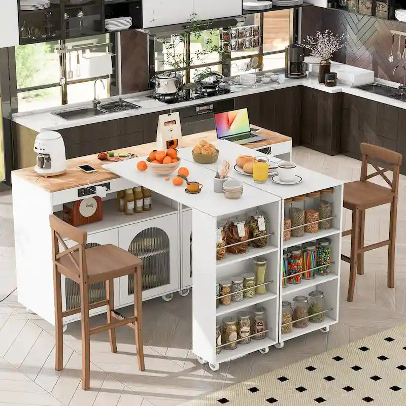 Îlot de cuisine roulant avec plateau en hévéa, portes en verre cannelé, lumières LED, prises électriques, blanc