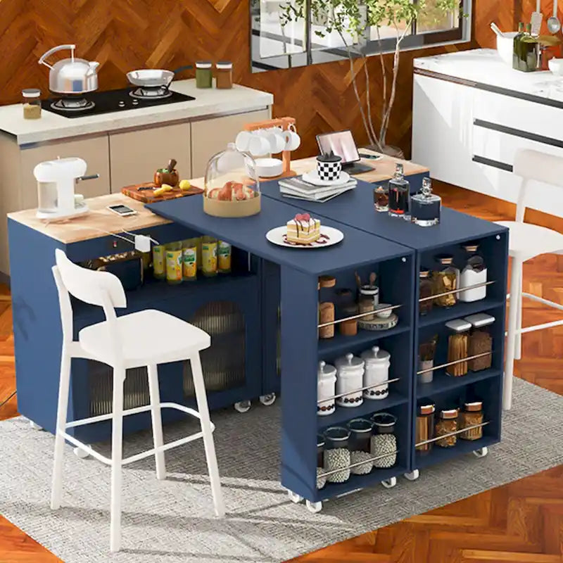 Îlot de cuisine roulant avec plateau en hévéa, portes en verre cannelé, lumières LED, prises électriques, blanc