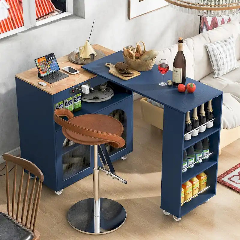 Îlot de cuisine roulant avec plateau en hévéa, portes en verre cannelé, lumières LED, prises électriques, blanc