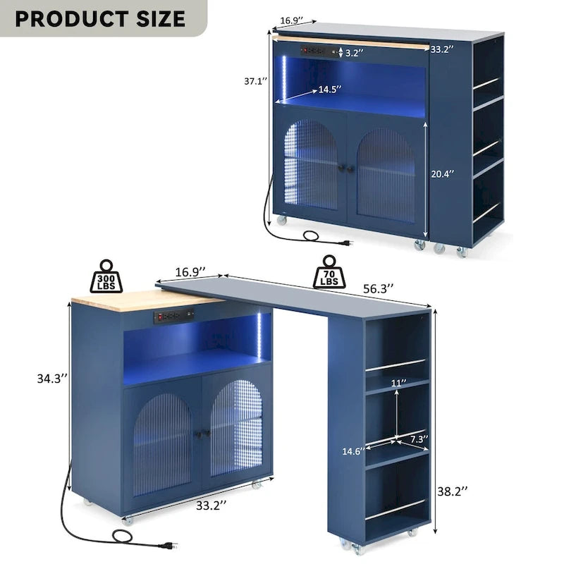 Îlot de cuisine roulant avec plateau en hévéa, portes en verre cannelé, lumières LED, prises électriques, blanc