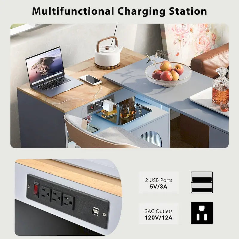 Îlot de cuisine roulant avec plateau en hévéa, portes en verre cannelé, lumières LED, prises électriques, blanc