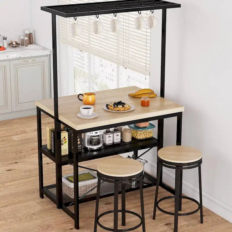 Îlot de cuisine de 42 pouces style boulanger, avec étagère à 3 niveaux et 5 crochets, cadre en métal noir, plateau en bois naturel