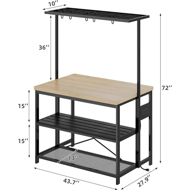 Îlot de cuisine de 42 pouces style boulanger, avec étagère à 3 niveaux et 5 crochets, cadre en métal noir, plateau en bois naturel