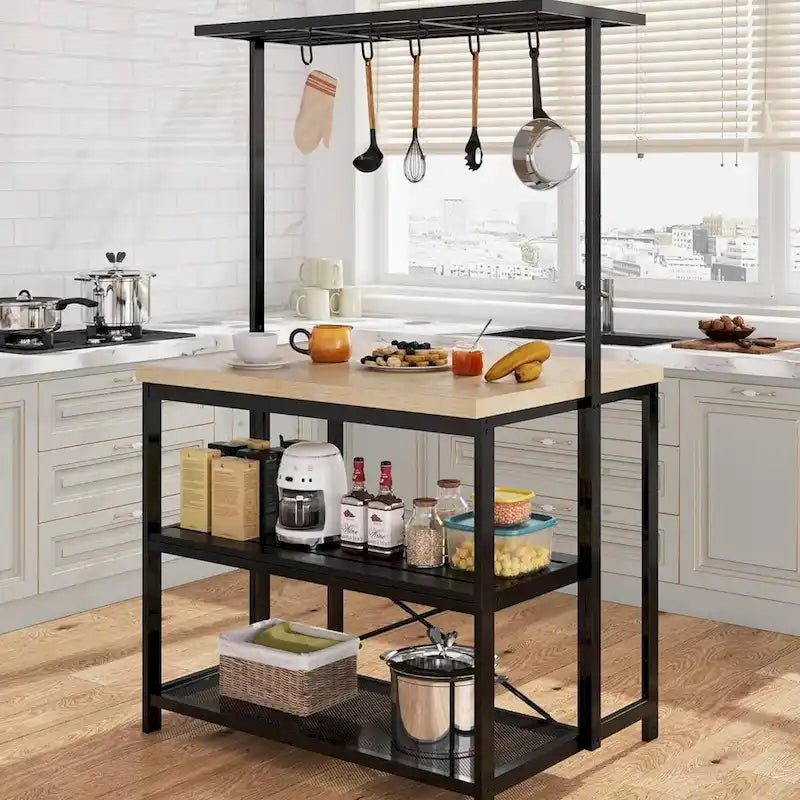 Îlot de cuisine de 42 pouces style boulanger, avec étagère à 3 niveaux et 5 crochets, cadre en métal noir, plateau en bois naturel