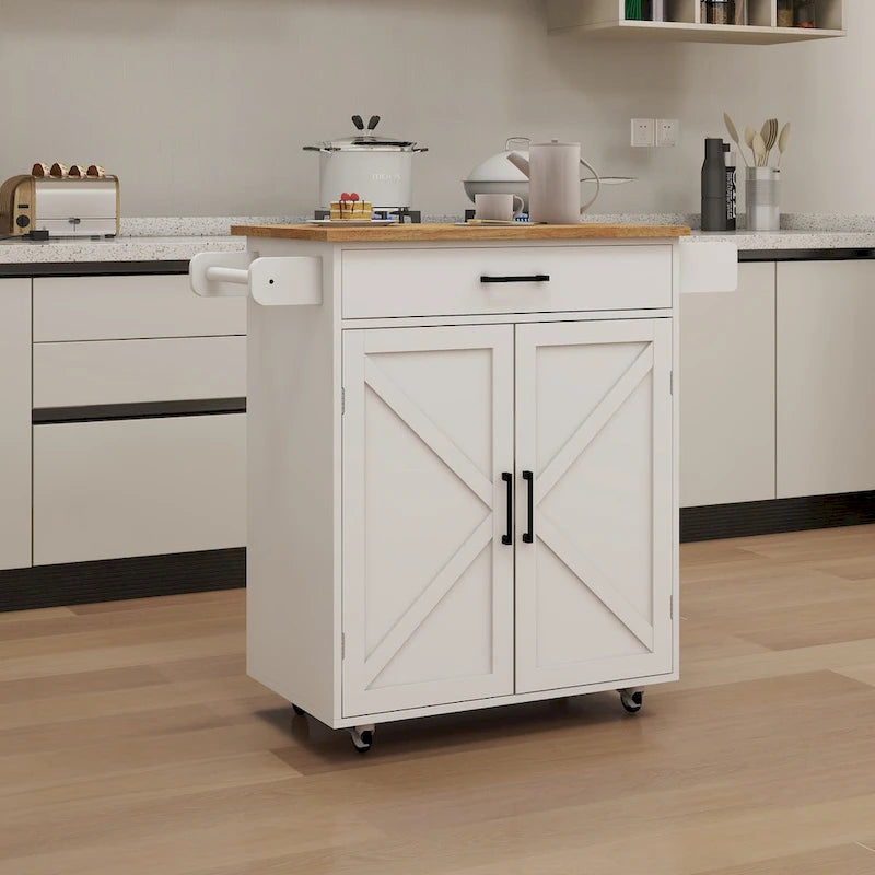 Chariot de desserte de cuisine roulant avec étagères réglables porte-serviettes plateau en bois blanc