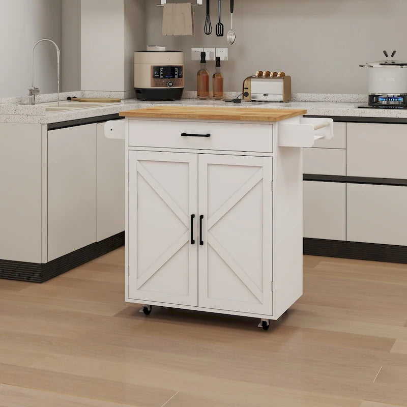 Chariot de desserte de cuisine roulant avec étagères réglables porte-serviettes plateau en bois blanc