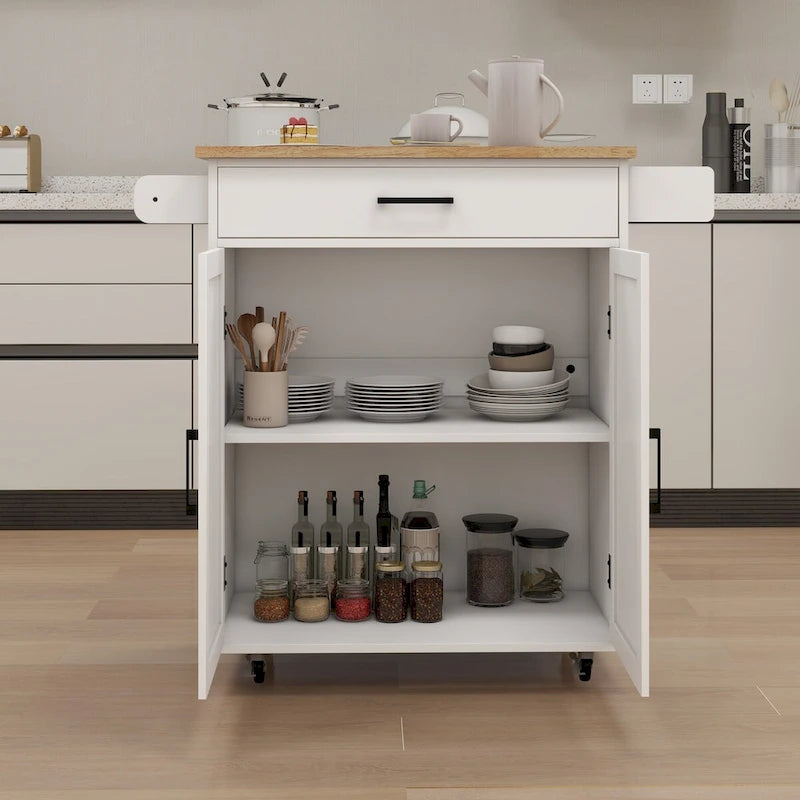 Chariot de desserte de cuisine roulant avec étagères réglables porte-serviettes plateau en bois blanc