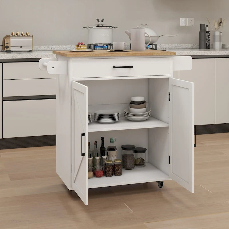 Chariot de desserte de cuisine roulant avec étagères réglables porte-serviettes plateau en bois blanc