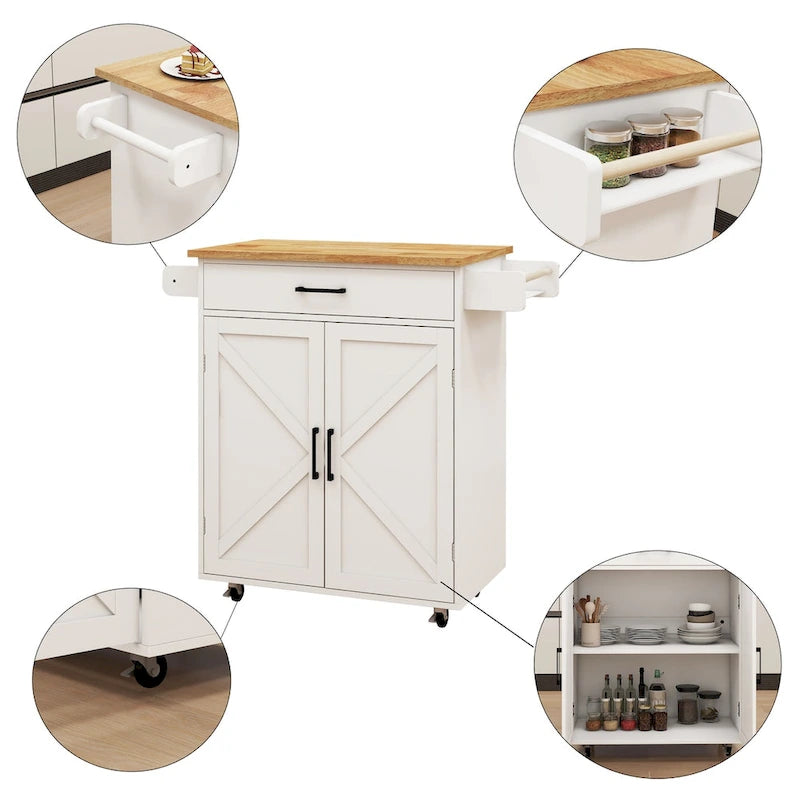 Chariot de desserte de cuisine roulant avec étagères réglables porte-serviettes plateau en bois blanc