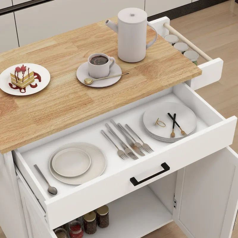 Chariot de desserte de cuisine roulant avec étagères réglables porte-serviettes plateau en bois blanc