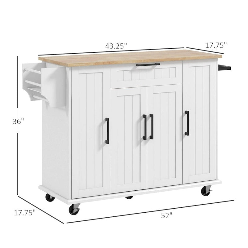 Desserte de cuisine roulante avec plateau en bois d'hévéa, rangement 3 portes blanc