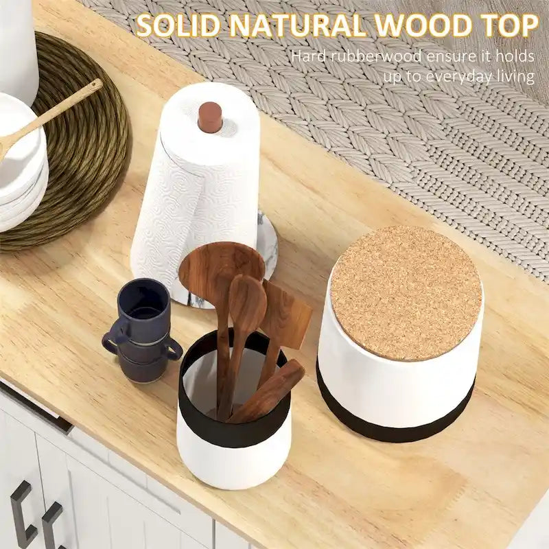 Desserte de cuisine roulante avec plateau en bois d'hévéa, rangement 3 portes blanc