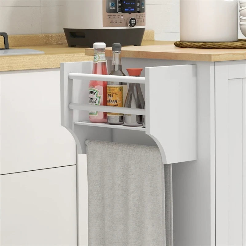 Desserte de cuisine roulante avec plateau en bois d'hévéa, rangement 3 portes blanc