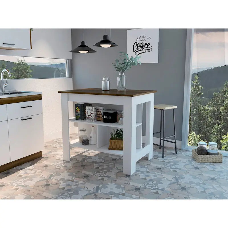 Îlot de cuisine en bois blanc et noyer avec 3 étagères ouvertes