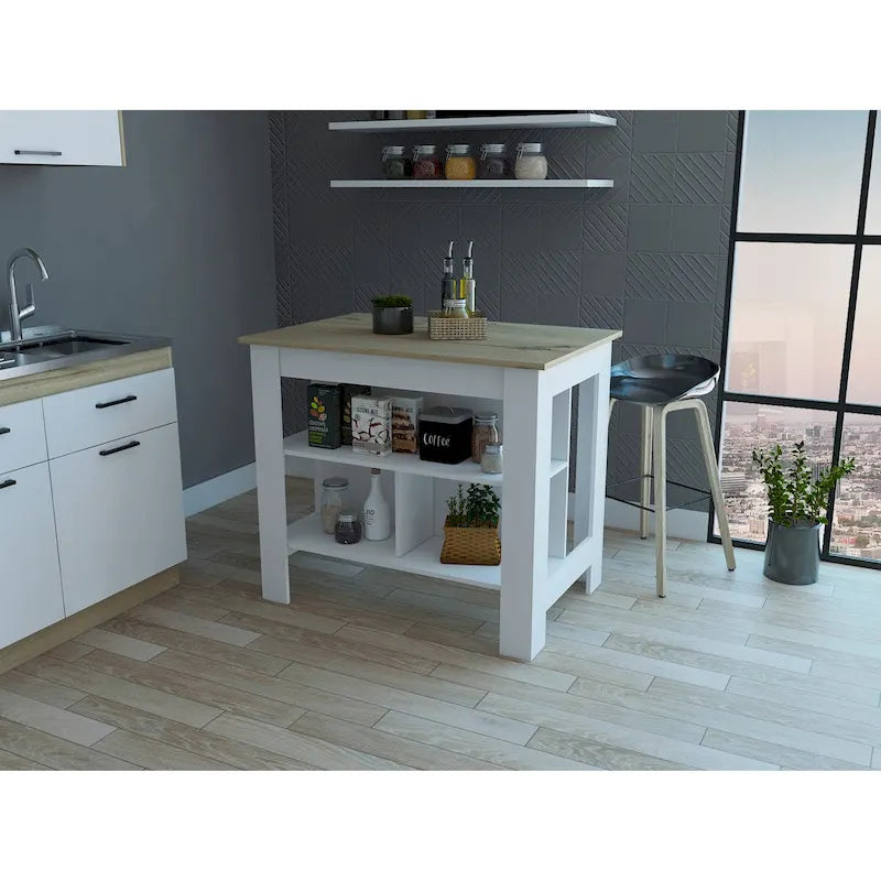 Îlot de cuisine 3 étagères Blanc et Chêne clair avec rangement ouvert et station de préparation